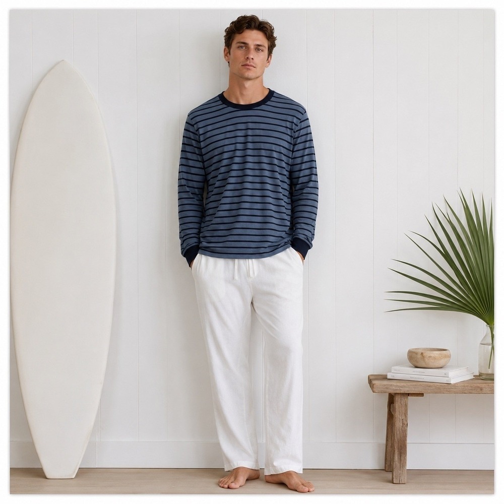 LAKE Pajamas Pima Long-Sleeve Weekend Tee Mens Size S Blue Striped Loungewear